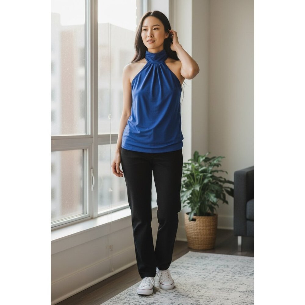 V.1 Couture Shirt Womens Small Blue Halter Mock Neck Open Back Blouse Top